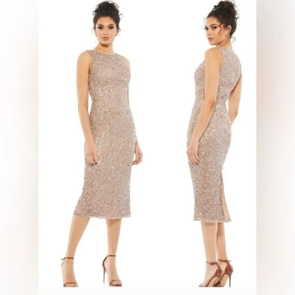 Mac Duggal Sequined Sleeveless V-Neck Midi Sheath Dress Rosewood #8625 NWT $398